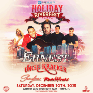 HOLIDAY RIVERFEST on Saturday, December 20, 2025 - Tampa Riverwalk Hillsborough River Parade Christmas Season family friendly fun outdoors concert show special event live music concert festival giving tickets VIP things to do Bay downtown Julian Lane Riverfront Park Ernst Uncle Kracker Shaylen Road House country music Top 40 pop
